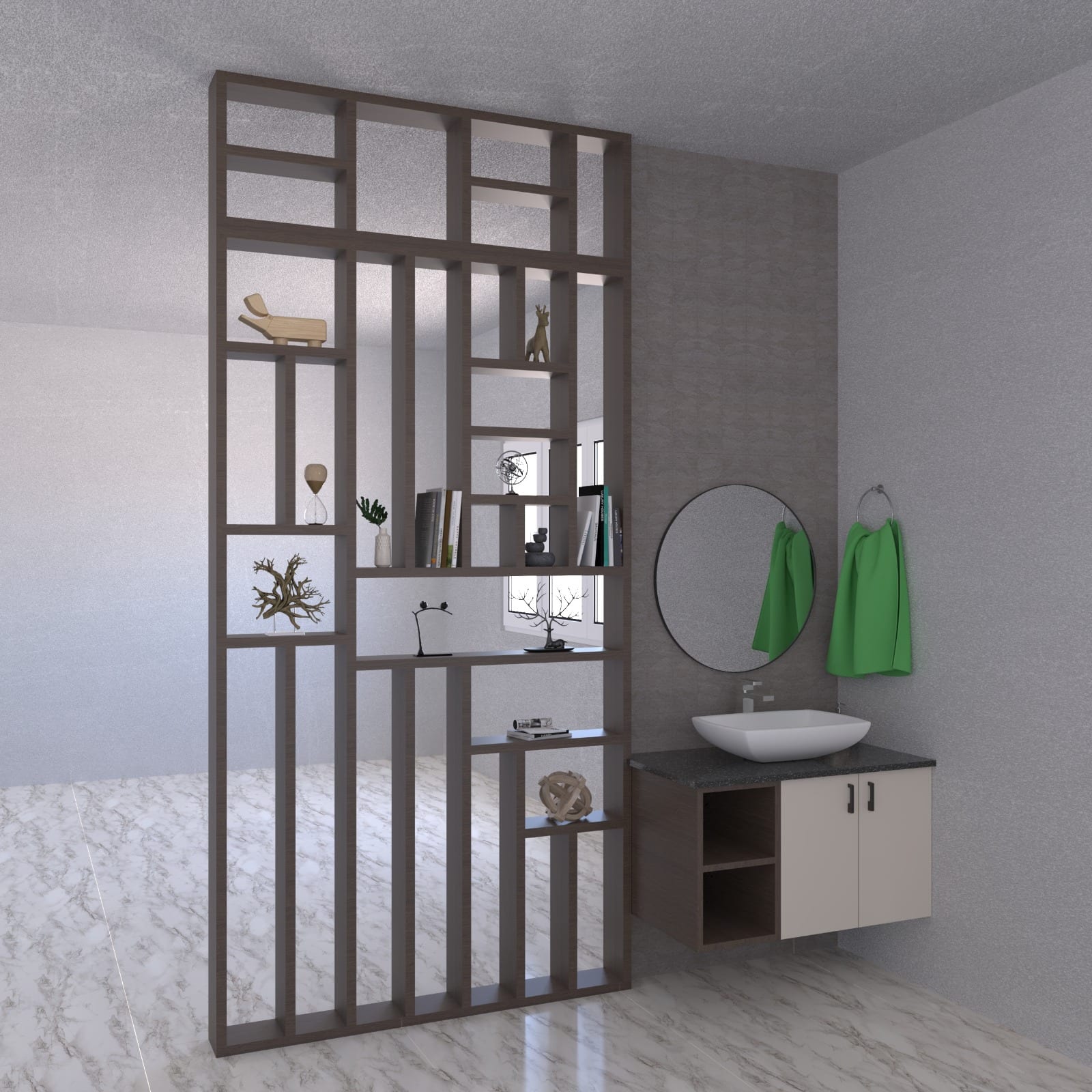A 3D render of a slatted wooden partition with open shelving, beside a wall-hung vanity with a vessel basin and round mirror