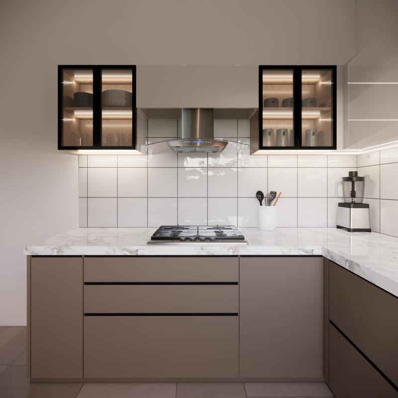 Brown base units below white wall cabinets